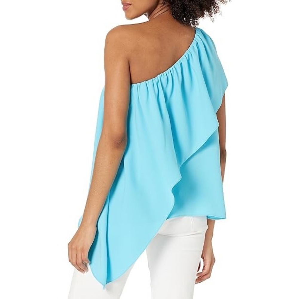Trina Turk‎ Satisfied Top Turquoise Blue One Shoulder Ruffle Blouse Size M - Picture 2 of 9